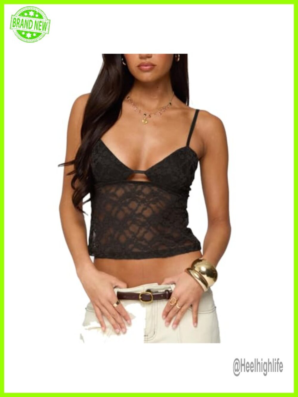 Y2K Lace Camisole Sheer Mesh Crop Tank Top Low Cut Spaghetti Strap Going Out